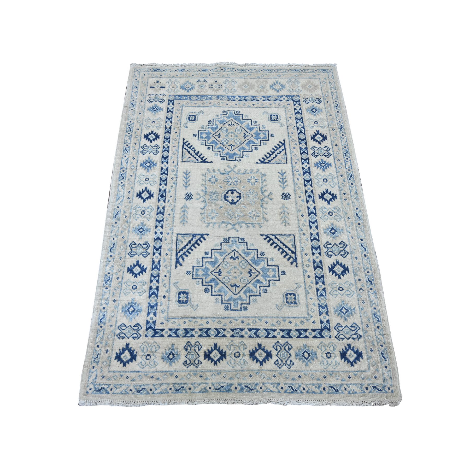 3'3"x4'8" Pearl White, Vintage Look Kazak with Geometric Medallions, Hand Knotted, 100% Wool, Natural Dyes, Oriental Rug 